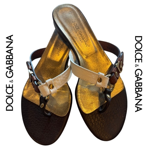 Dolce & Gabbana D&G white Brown Gold Leather Logo Sandals Vero Cuoio 6 monogram - Picture 1 of 16